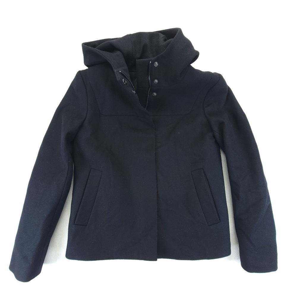 J.Crew Womens Black Melton Wool Hooded Full Zip Short Coat Size 2